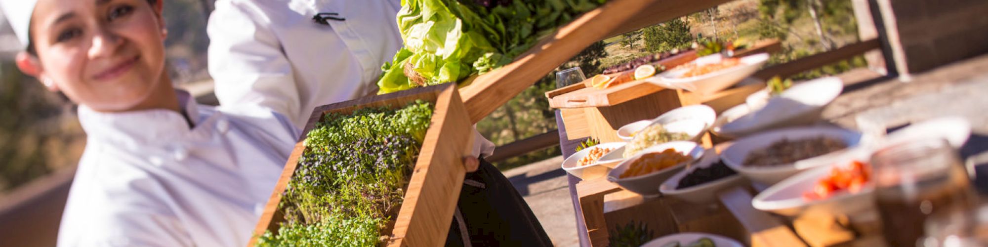 Two chefs presenting a variety of fresh vegetables and herbs at an outdoor table set with various ingredients.