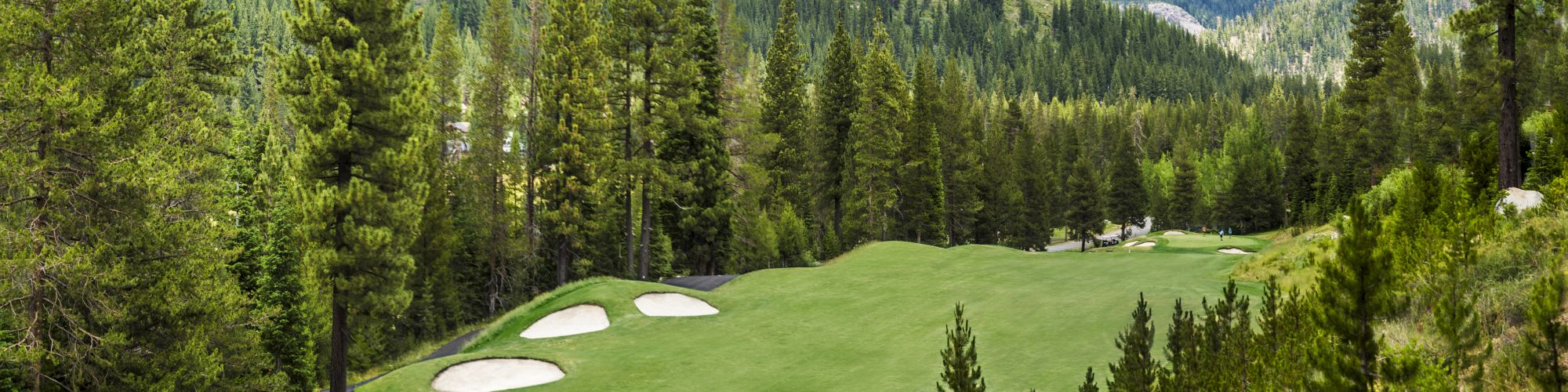 A scenic golf course with lush greens, sand bunkers, and a winding path, surrounded by tall pine trees and forested mountains under a blue sky.