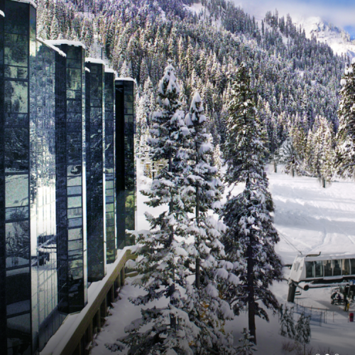 A modern building with large windows stands beside a snowy forest, with a cable car station positioned nearby amidst snow-covered trees and mountains.