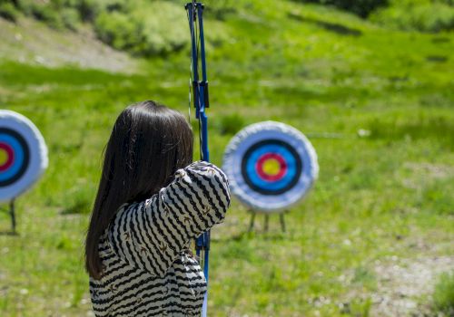 A person is aiming a bow and arrow at archery targets positioned on a grassy field.